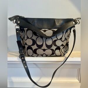 Coach Zoe Hobo Black Gray Signature Canvas Crossbody Shoulder Bag Black Trim